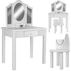 MT Malatec Toalett asztal készlet, 81x32x46 cm, szék, 3 tükör, fiók, elegáns kivitel, fehér, fa