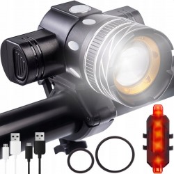 MT MALATEC Fényszóró és hátsó lámpa készlet kerékpárhoz, LED fény, USB újratölthető, 1200 mAh, alumínium és ABS, IPX6