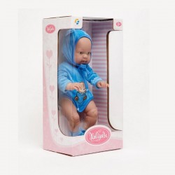 Játékbaba, 45 cm magas, overall és sapka, nyuszifül, kék színű