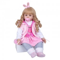 Játékbaba 55 cm, hosszú haj, 5 kiegészítő, cumisüveg és mágneses cumi, nyuszi játék tartozék.