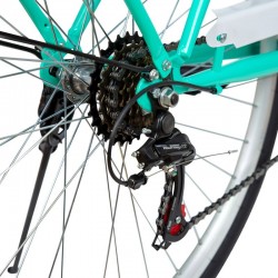 Női kerékpár, 28 hüvelyk, Shimano 7 sebességes, acél váz, V-fék, kosár és csomagtartó, türkizkék színben.