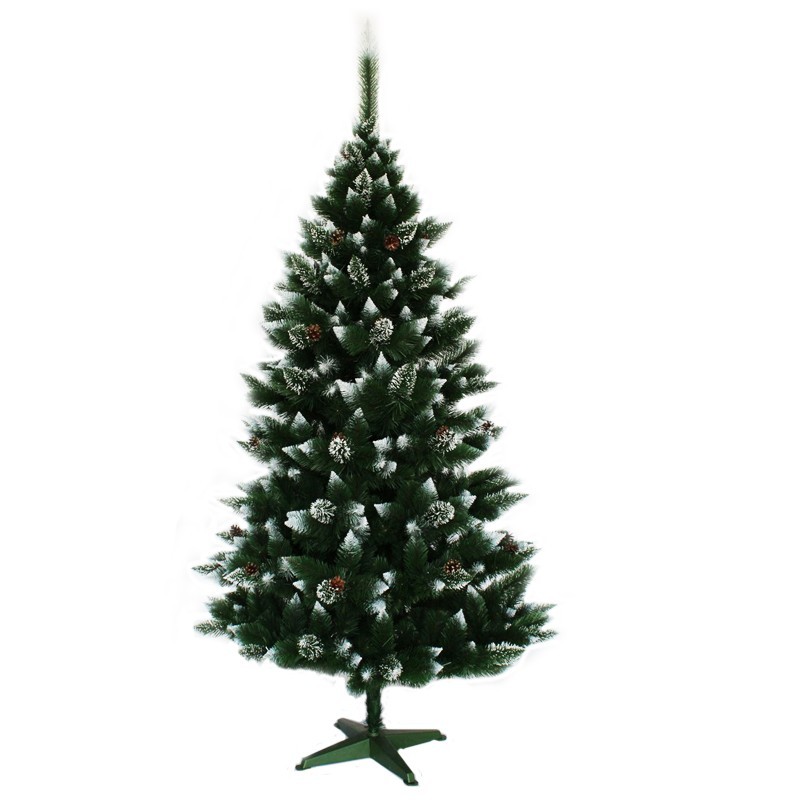 Karácsonyi műfenyő, 180 cm, tobozok és hegyes fehér csúcsok, természetes megjelenés, állványt tartalmaz.