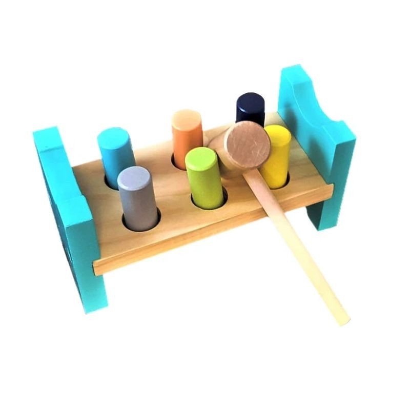 Interaktív játék, fából, munkapad és kalapács, 6 darab, többszínű