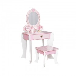 Sminkasztal készlet lányoknak, kisszékkel és tükörrel, 6 db kiegészítővel, fa, 92x34x49 cm, fehér rózsaszínű