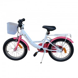 Procart Gyermek kerékpár, 16 hüvelykes kerekek, első kosár, csomagtartó, V-Brake fékek, állvány, rózsaszín fehér