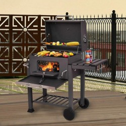 Faszenes BBQ grillsütő, összecsukható fedővel, hőmérővel, szállítókerekekkel, 115x46x106 cm, grill 61,5x46x51 cm