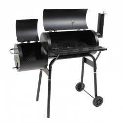 Faszenes BBQ grillsütő, 2 rekeszes, grill és füstölő, rács, kémény, szállító kerekek, hőmérő