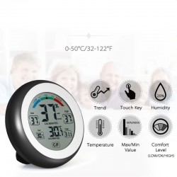 Digitális hőmérő, higrométer LCD kijelző, érintésvezérlés, 9 cm, fekete