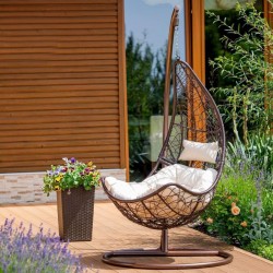 Procart Függesztett kerti fotel, 122x82x72 cm, bézs színű párnák, max 120 kg, acél váz, barna színű