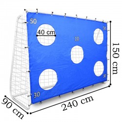 PROCART Futballkapu, hálóval és célponyvával, 240x150x90 cm, 32 mm-es profil, acél, fehér/kék