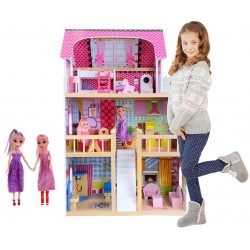 Fa babaház, 3 szinttel – 5 szoba, 17 bútordarab, 2 baba, 90 cm