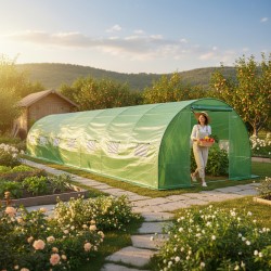 Alagút típusú kerti melegház, 10x3x2 m, rovarhálóval ellátott ablakok , 1 görgős ajtó, PE fólia UV4 szűrővel, zöld színű.