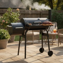 Faszenes BBQ grillsütő, 2 rekeszes, grill és füstölő, rács, kémény, szállító kerekek, hőmérő
