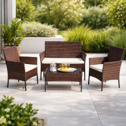 Kerti bútor szett, fémszerkezet, 4 db, fotelek, kanapé, dohányzóasztal, rattan modell, barna színű