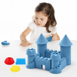 Kék kinetikus homok szett 3 kg, 6 formával, felfújható tároló tálca 45x58 cm