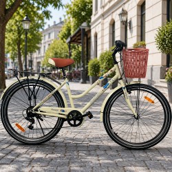 Procart Női kerékpár, 26 hüvelyk, 7 sebességes, bevásárlókosár, csomagtartó, V-fék, krém színű