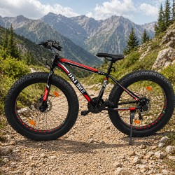 Fat Bike 26 hüvelykes kerékpár, 21 fokozat, Shimano váltó, 4 hüvelykes gumik, tárcsafékek, fekete piros
