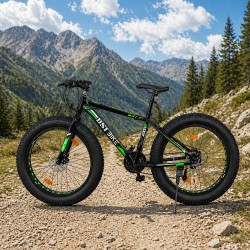 Fat Bike kerékpár, 26 hüvelykes kerekek, 17 hüvelykes váz, Shimano váltó, 21 fokozat, tárcsafék, fekete/zöld