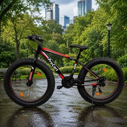 Fat Bike 26 hüvelykes kerékpár, 21 fokozat, Shimano váltó, 4 hüvelykes gumik, tárcsafékek, fekete piros
