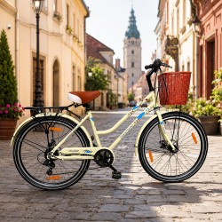 Noi városi kerékpár 26 colos kerekekkel, 7 sebességes Shimano váltóval, tárcsafékkel, bevásárlókosárral és csomagtartóval