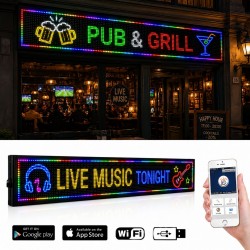 SMD RGB LED reklámtábla, 100x20 cm, szöveg, képek, animációk, USB és WiFi