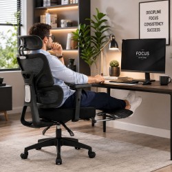 Ergonomikus irodai szék kihúzható lábtartóval, állítható fejtámlával, állítható deréktámasszal, hálós háttámlával, fekete