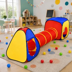 PROCART 3 az 1-ben játszósátor, 100 db többszínű labdából álló készlet, alagút, iglu sátor, kocka, poliészter,300x80x86 cm