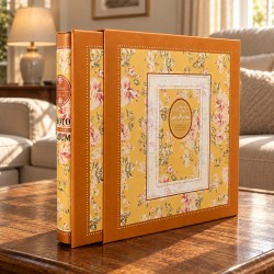 Prémium fotóalbum díszdobozzal, 500 db 10x15 cm-es fényképhez, 50 lap, vastag karton borító, vintage virágmintás, 34x32x6 cm
