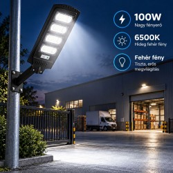 Procart Napelemes utcai lámpa 100W, mozgásérzékelő, hideg fehér fény 6500K, 3 világítási mód, távvezérlés, alumínium