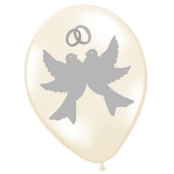 Baloane pentru nunta, imprimeu porumbei si verighete, 12 bucati, alb