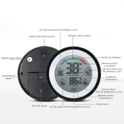 Termometru cu higrometru digital LCD, ecran tactil, magnet, 9 cm, negru