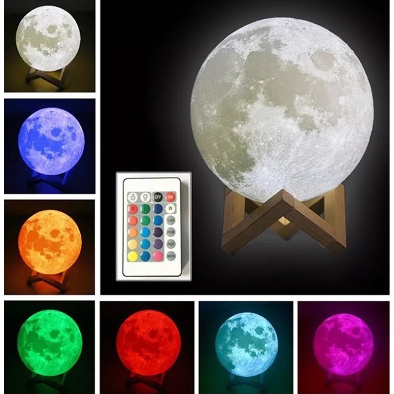 Luna  lámpa, 3D, 20cm, LED 16 szín, újratölthető, távirányító, fa támogatás
