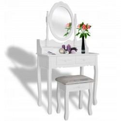 ProCart® Sminkasztalkészlet, szék, ovális tükör, 4 fiók, vintage design, fehér