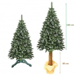 ProCart® Karácsonyi műfenyő, 220 cm, természetes kúpokkal, fehér hegyekkel, fatörzssel, tartóval